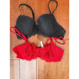 Victorias Secret Dream Angels Bra Set Black Push Up Red‎ Unlined Lace 36B 2pc